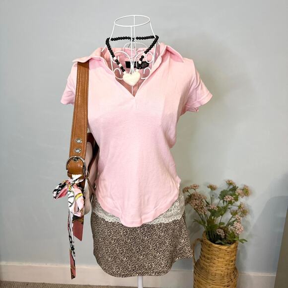 NWT Cute vintage y2k pink tight short sleeve v neck polo baby tee - Picture 2 of 6